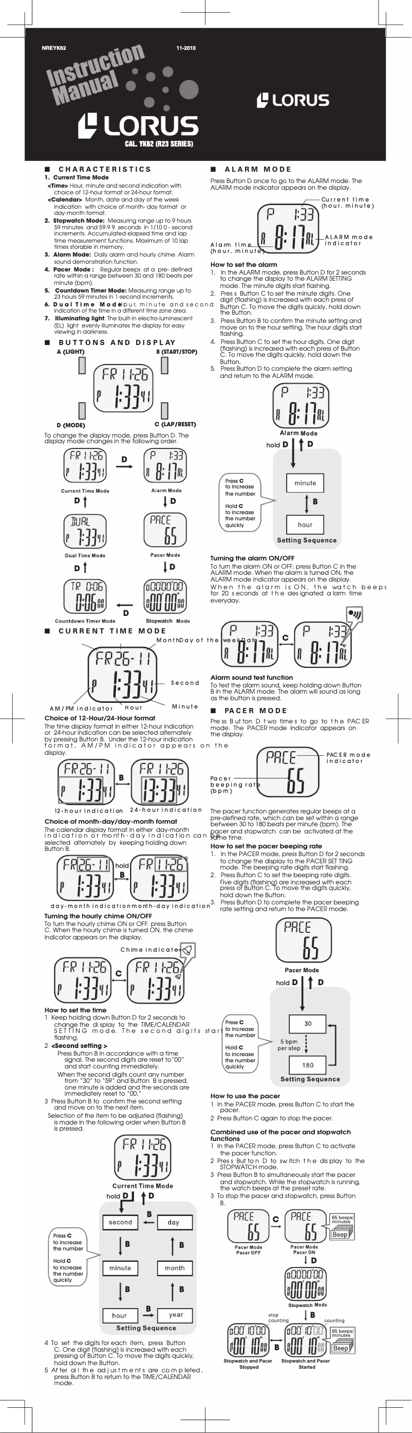 Page n°1 - Manuel utilisateur Lorus YK62