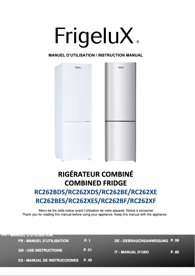 Page n°1 - Manuel utilisateur FrigeluX RC262BE