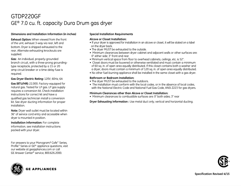 Page 1 de la notice Fiche technique GE GTDP220GFWW