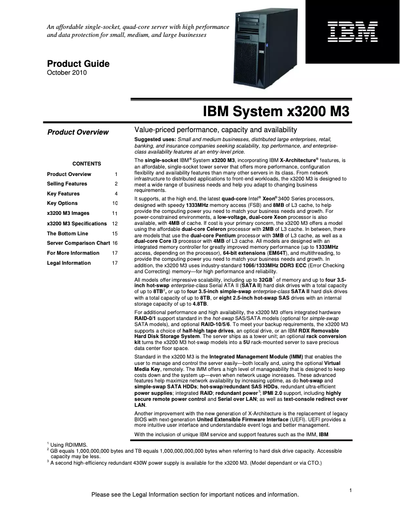 Page n°1 - Manuel utilisateur IBM eServer x3200 M3