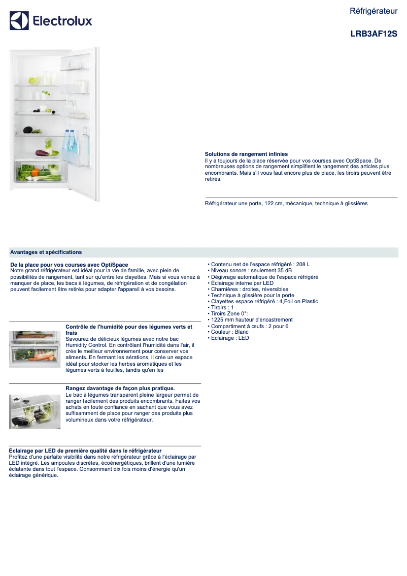 Page 1 de la notice Fiche technique Electrolux LRB3AF12S