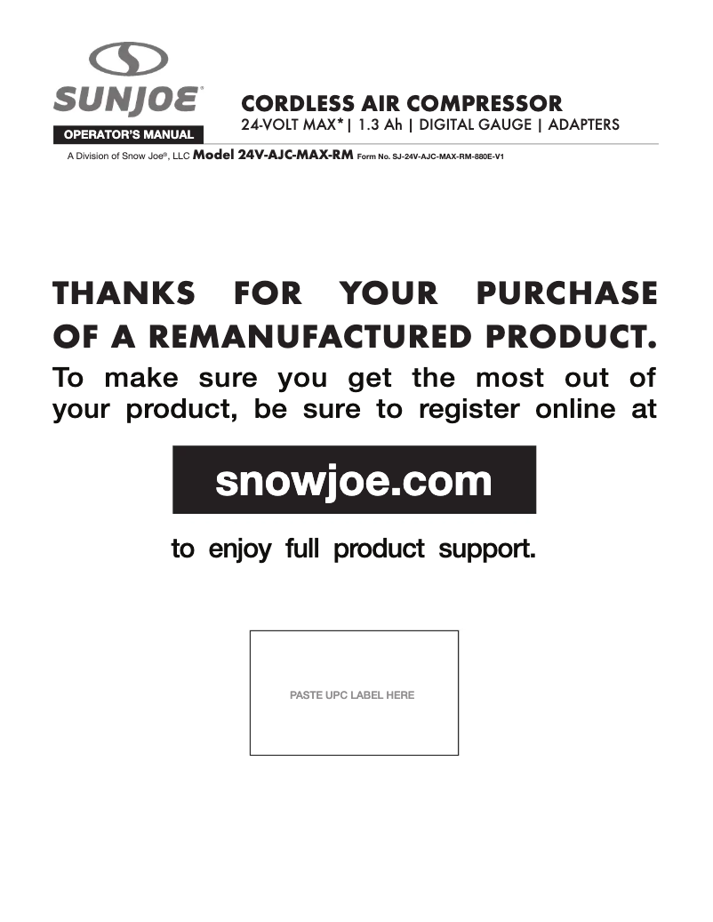 Page 1 de la notice Manuel utilisateur Sun Joe 24V-AJC-MAX-RM