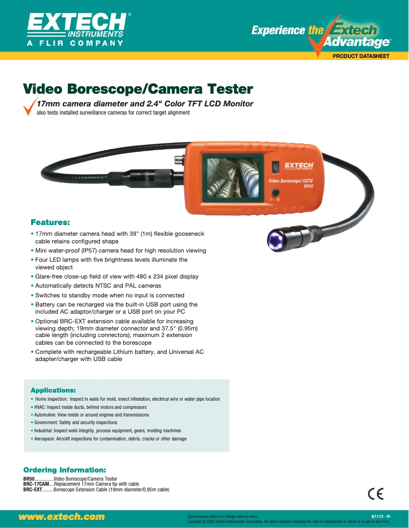 Page 1 de la notice Fiche technique Extech BR50
