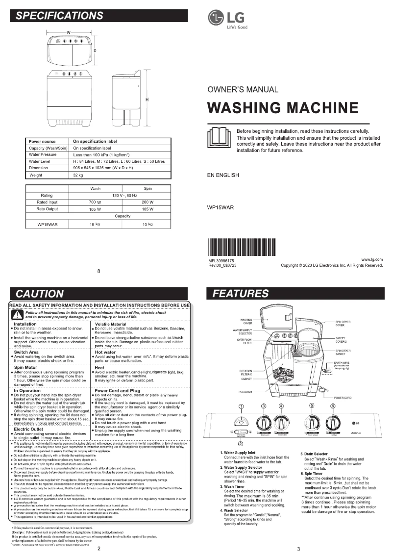 Page n°1 - Manuel utilisateur LG WP15WAR