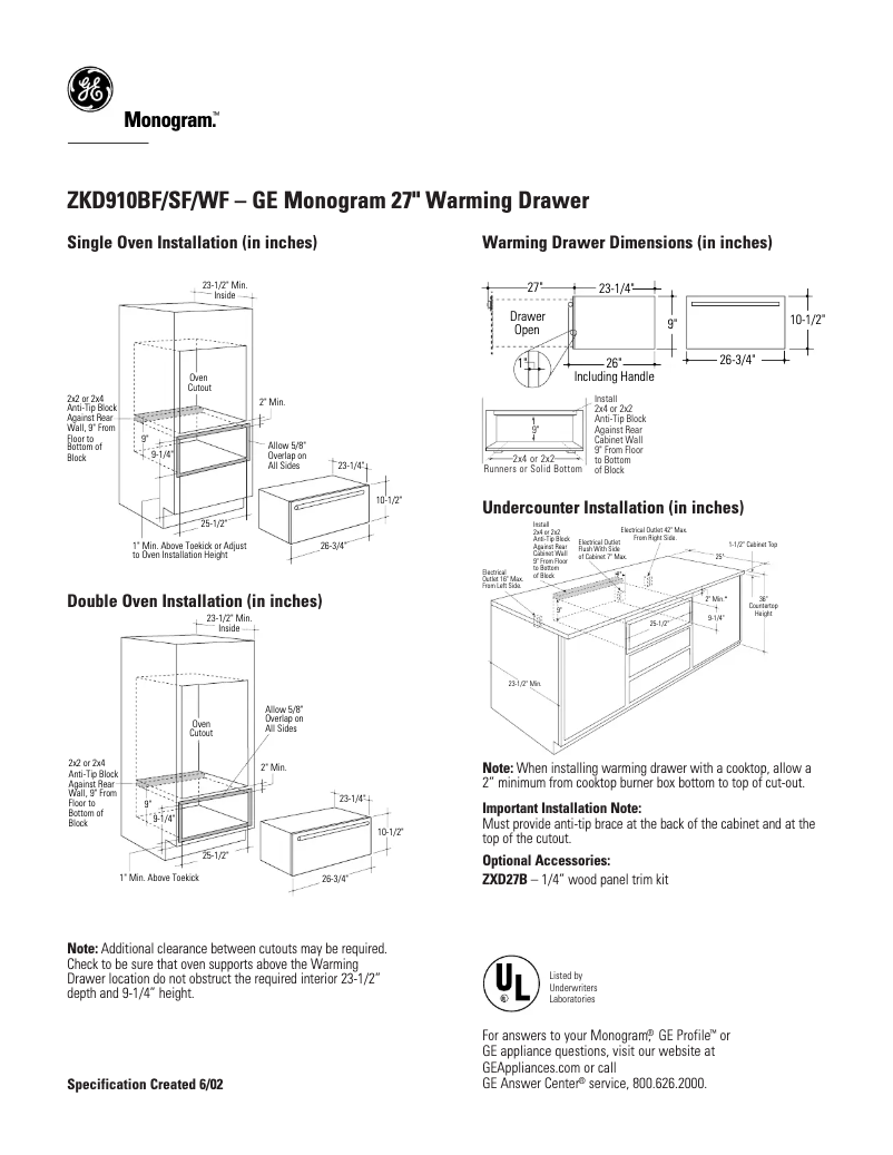 Página 1 del manual Ficha técnica GE ZKD910BFBB