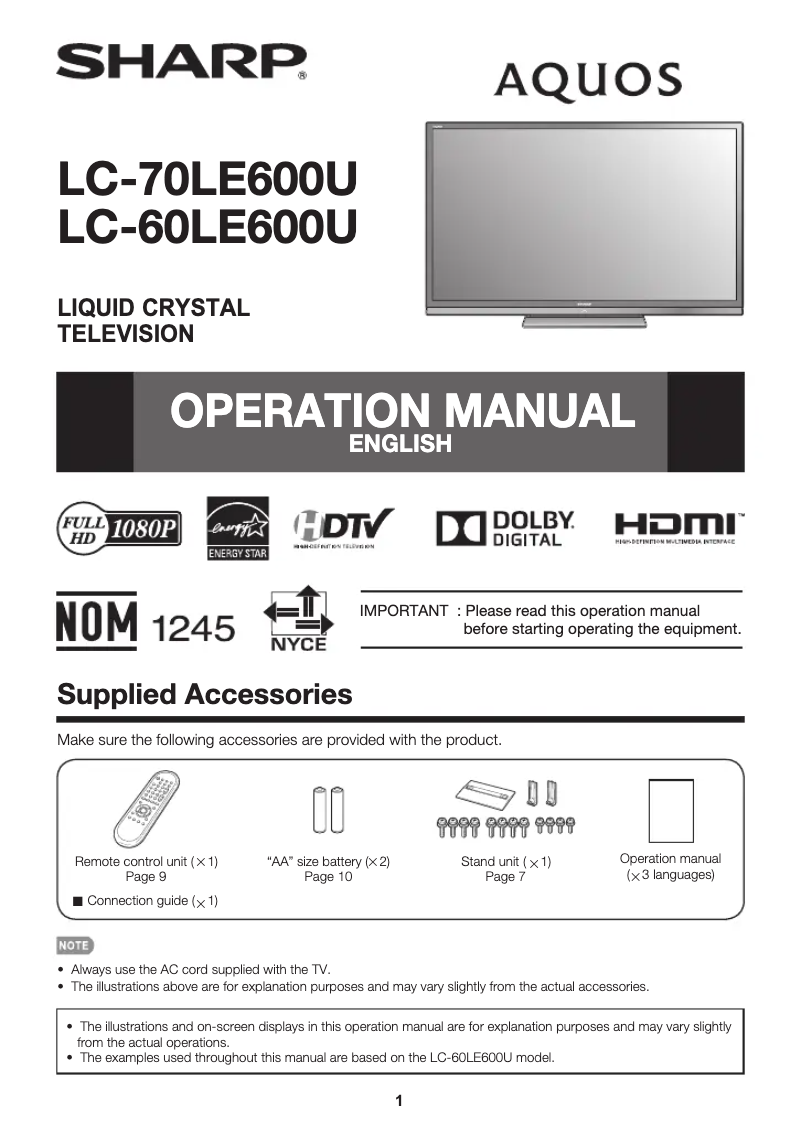 Page n°1 - Manuel utilisateur Sharp Aquos LC-60LE600U