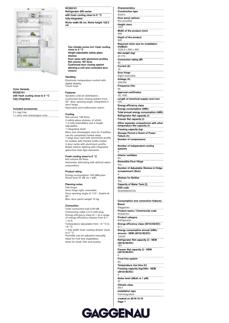 Page 1 de la notice Fiche technique Gaggenau RC 222 101