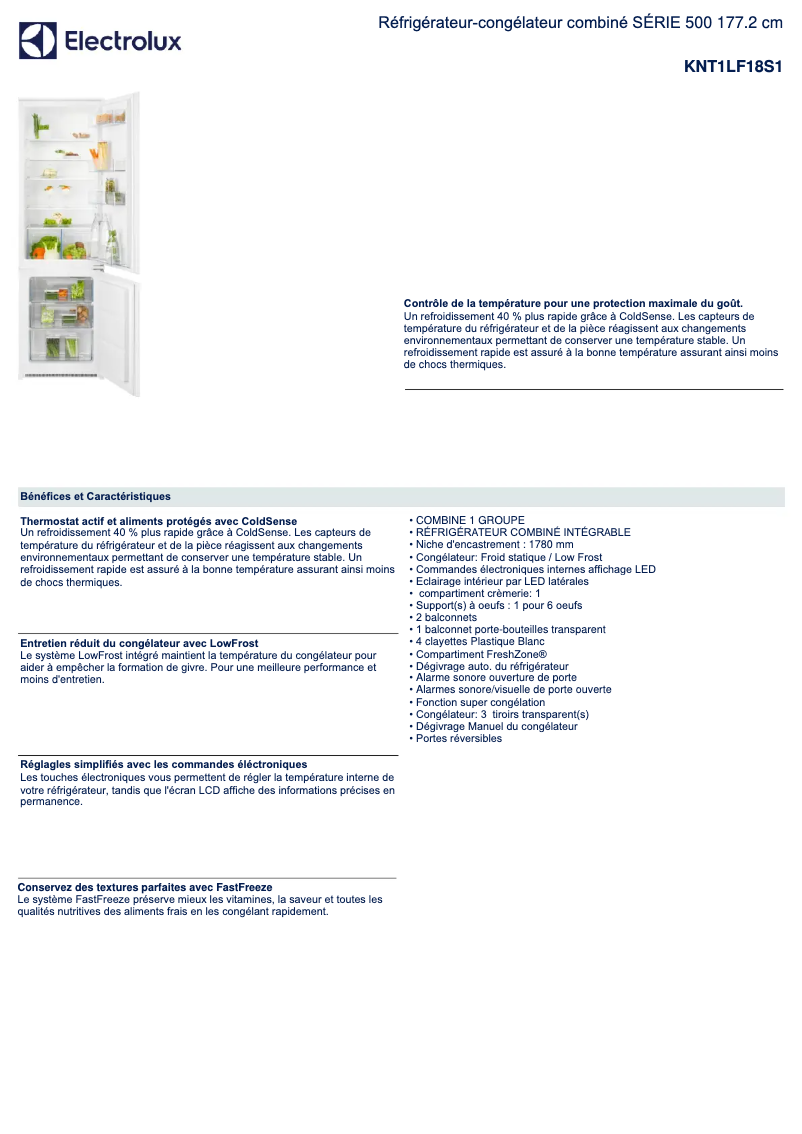 Page 1 de la notice Fiche technique Electrolux KNT1LF18S1
