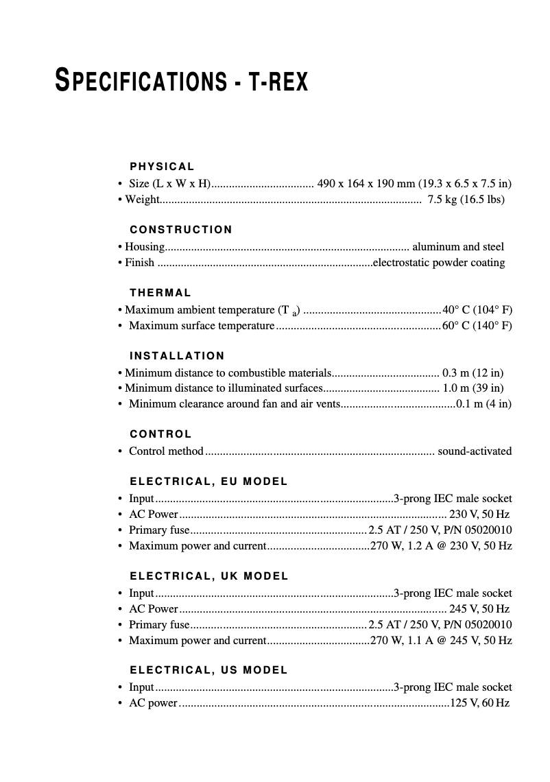 Page 1 de la notice Fiche technique Martin T-Rex