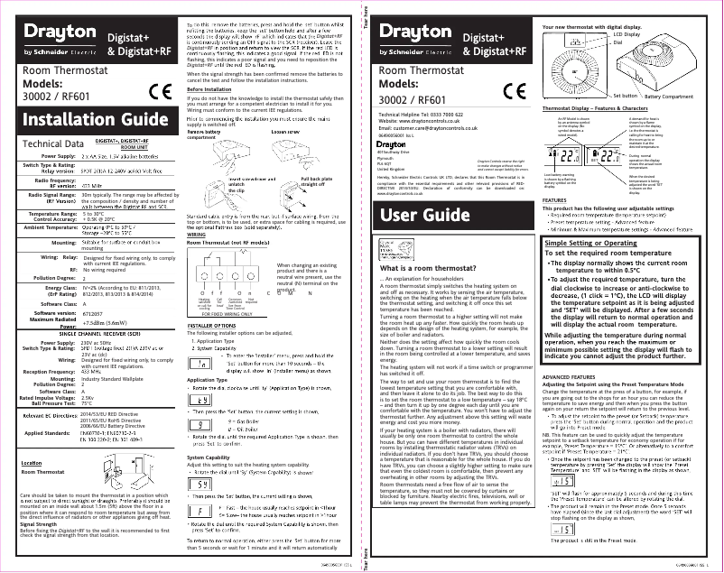 Page 1 de la notice Guide d'installation Drayton Digistat+RF
