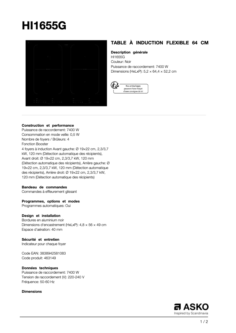 Page 1 de la notice Fiche technique Asko HI1655G