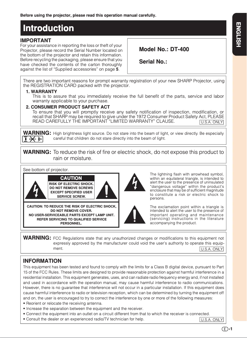 Page n°1 - Manuel utilisateur Sharp DT-400