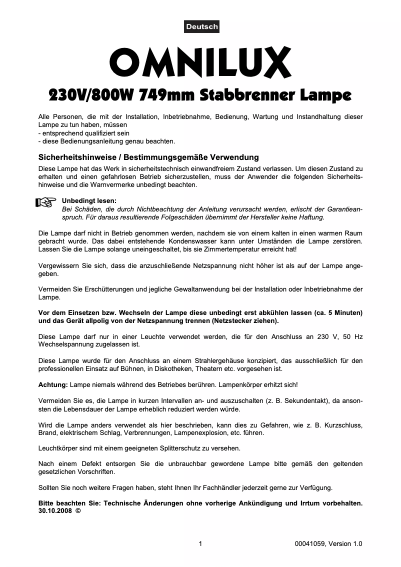 Page 1 de la notice Manuel utilisateur Omnilux DXX 230V/800W