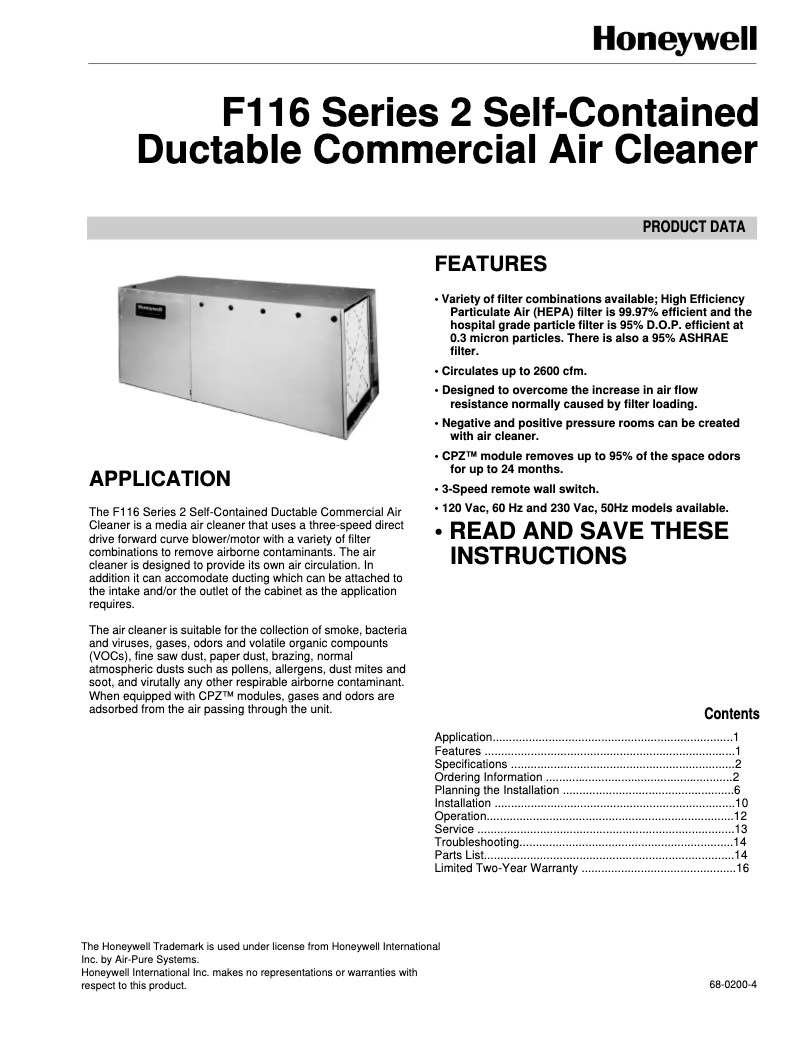 Page 1 de la notice Mode d'emploi Honeywell F116A1047