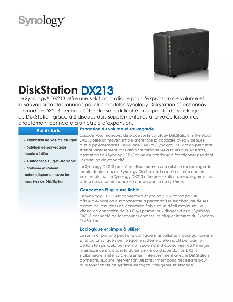 Page 1 de la notice Fiche technique Synology DX213