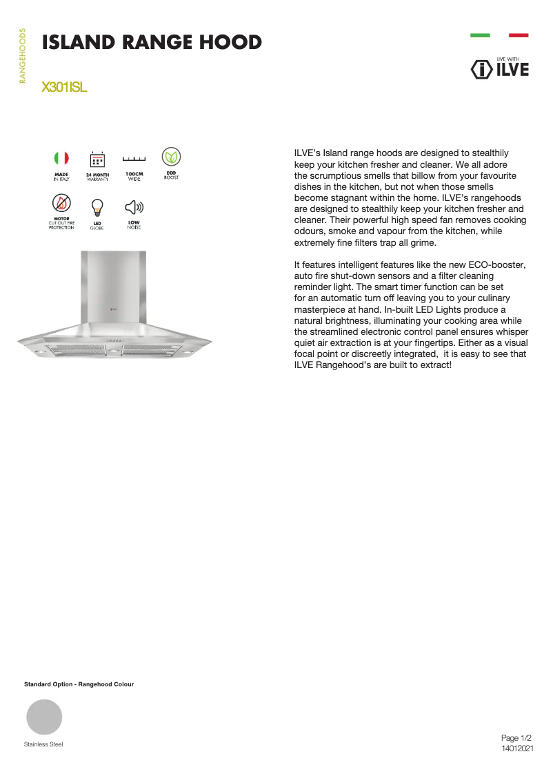Page 1 de la notice Fiche technique Ilve X301ISL