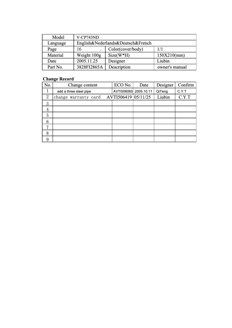 Page n°1 - Manuel utilisateur LG VTCP743ND