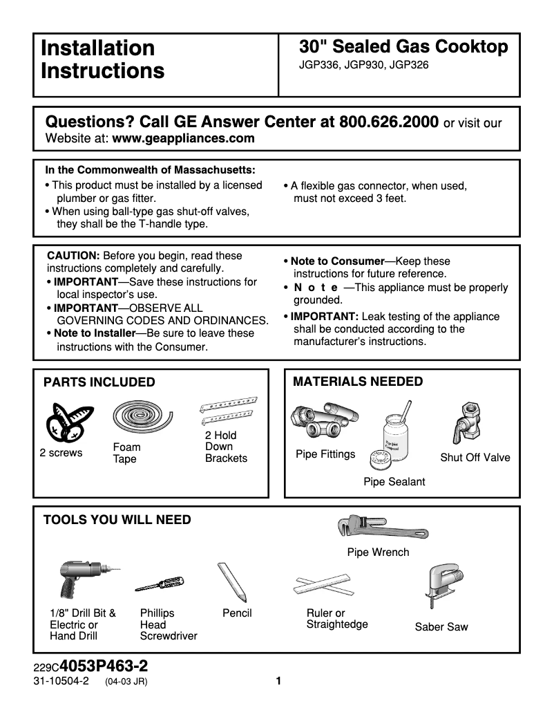Page 1 de la notice Guide d'installation GE JGP336BEDBB