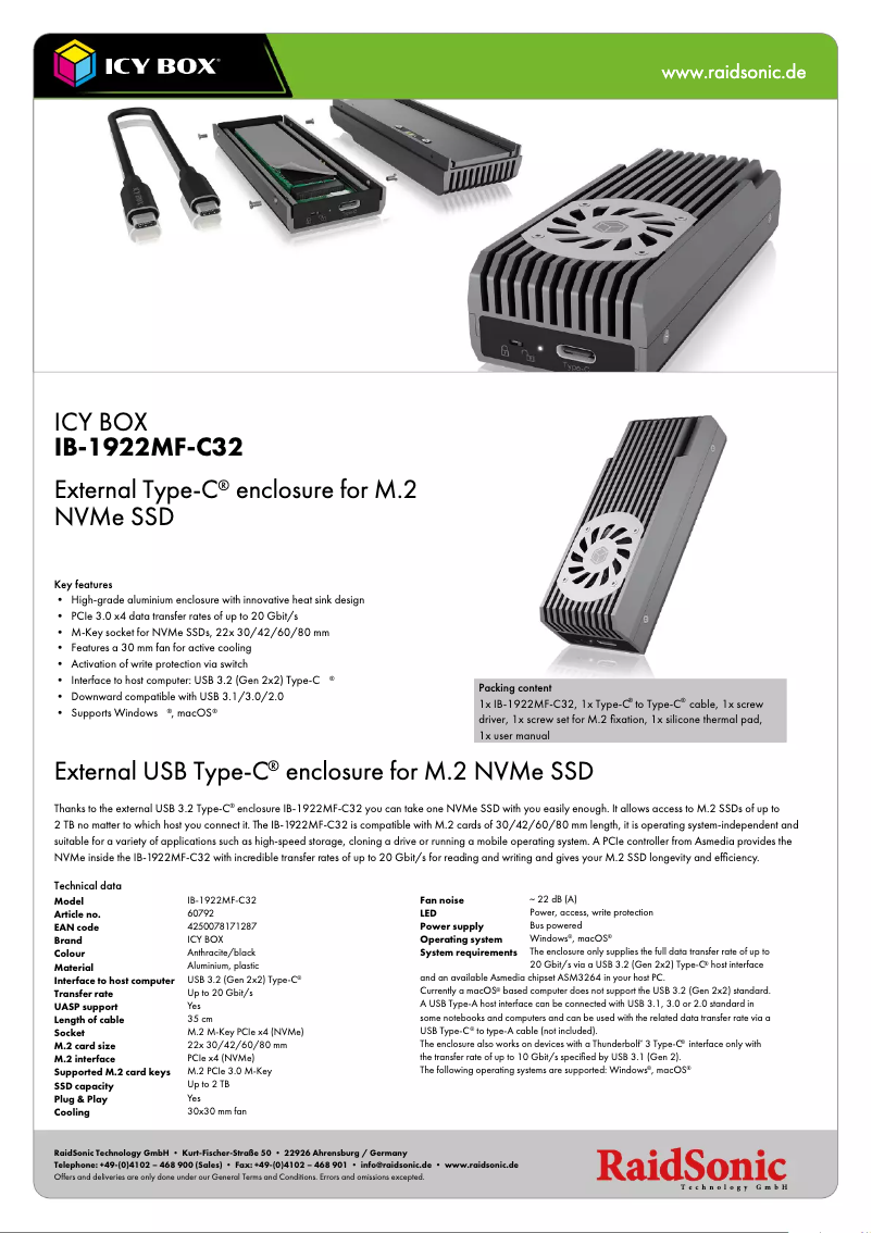 Page 1 de la notice Fiche technique Icy Box IB-1922MF-C32