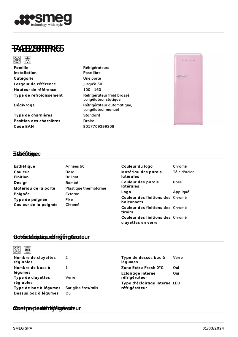 Page n°1 - Fiche technique Smeg FAB28RPK5