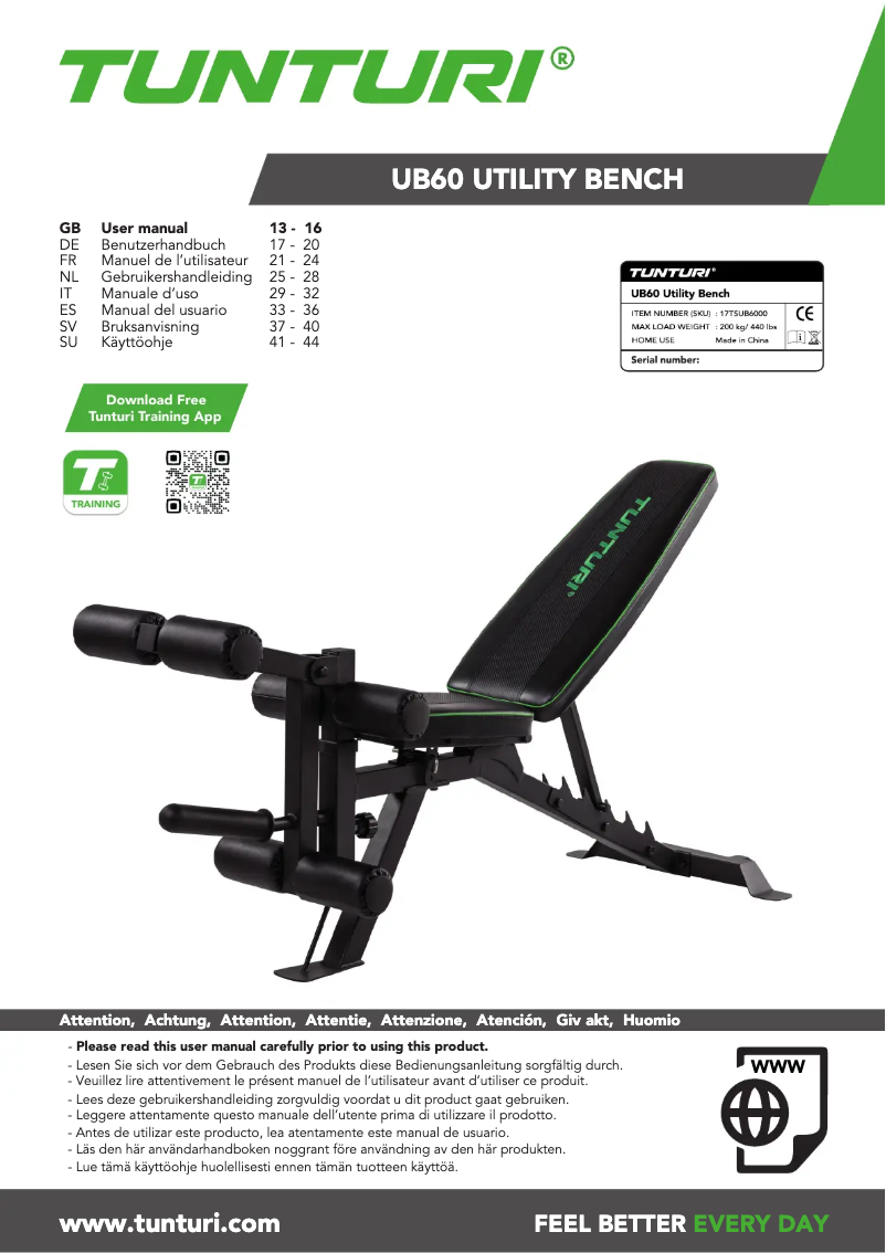 Page 1 de la notice Manuel utilisateur Tunturi UB60 Utility Bench