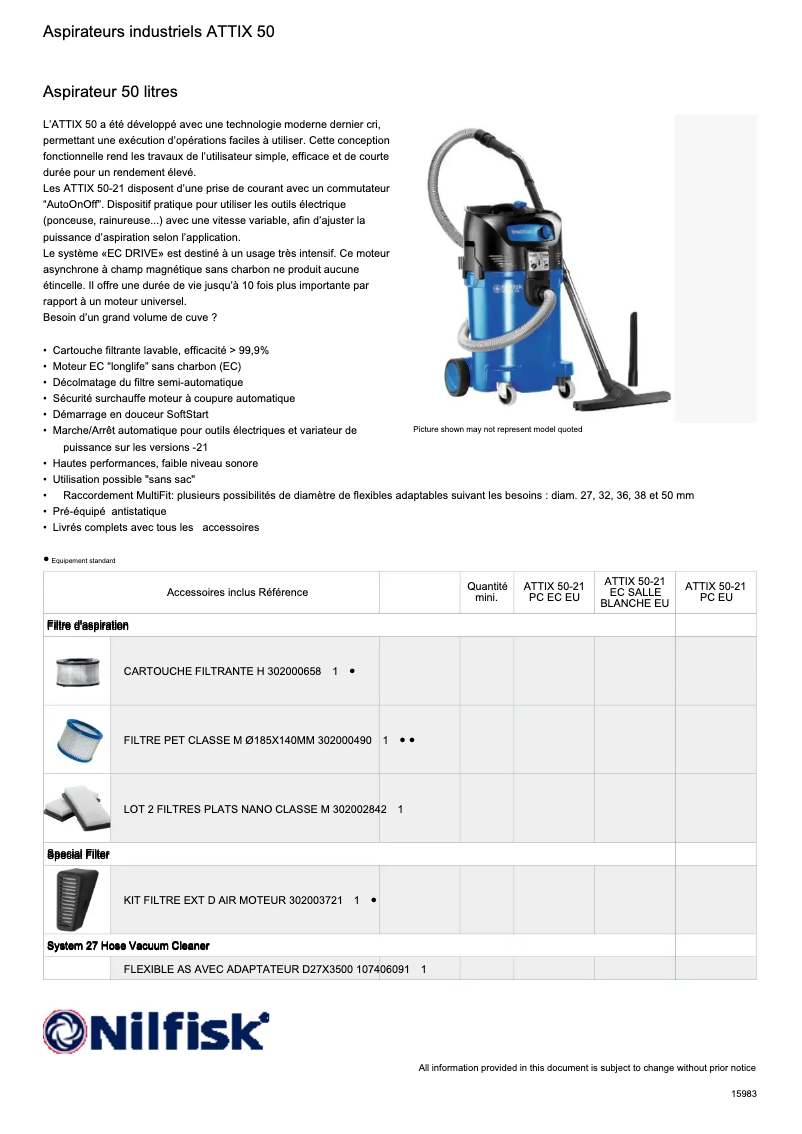 Page 1 de la notice Fiche technique Nilfisk ATTIX 50-21 PC Cleanroom