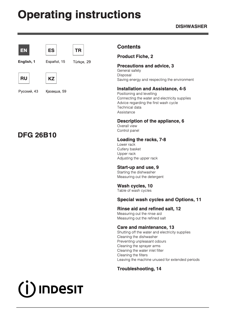 Page n°1 - Mode d'emploi Indesit DFG 26B10 EU