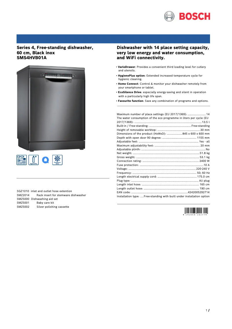 Página 1 del manual Ficha técnica Bosch SMS4HVB01A