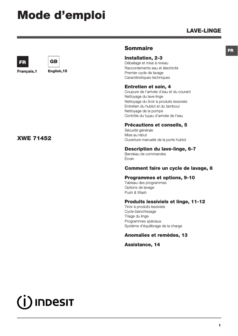 Page n°1 - Manuel utilisateur Indesit XWE71452WSGFR