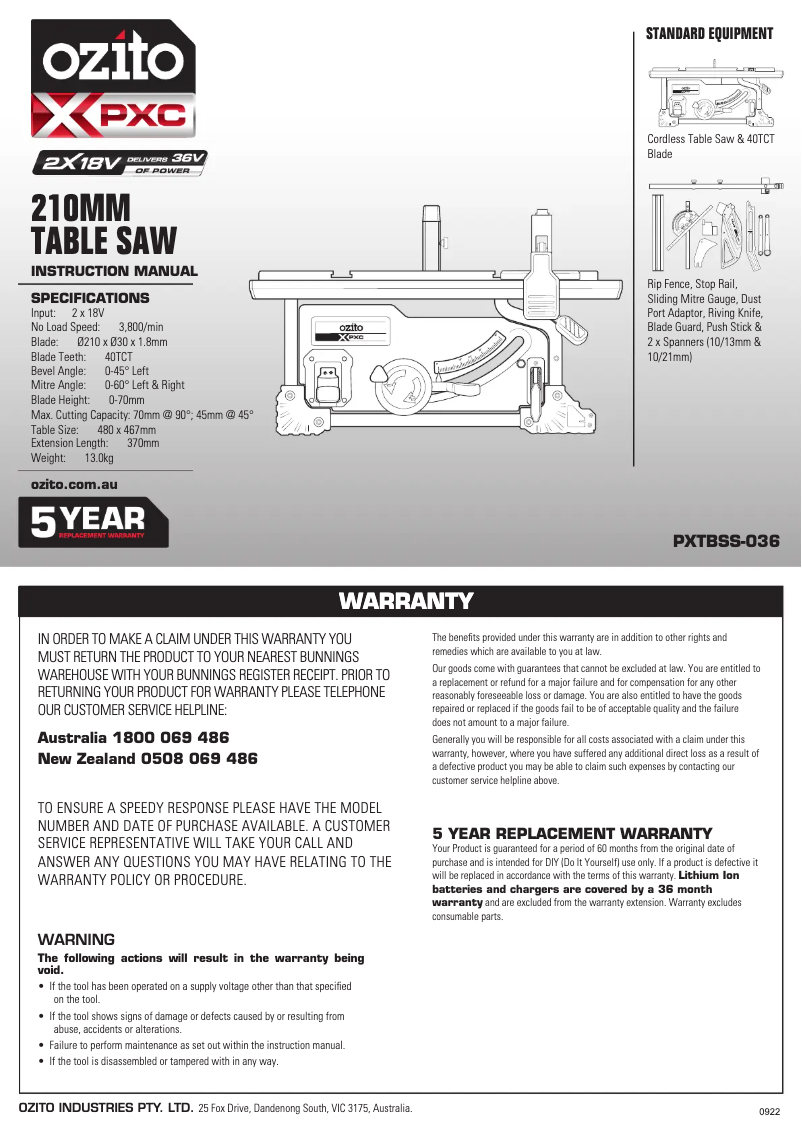 Page 1 de la notice Manuel utilisateur Ozito PXTBSS-036