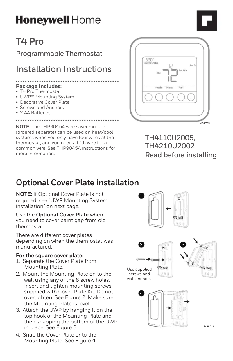 Page n°1 - Guide d'installation Honeywell T4 Pro TH4110U2005
