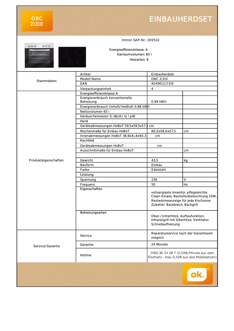 Page n°1 - Fiche technique OK OBC 21310