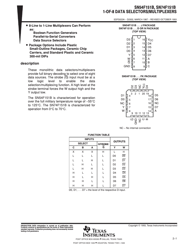 Page 1 de la notice Manuel utilisateur Texas Instruments SN74F151BN