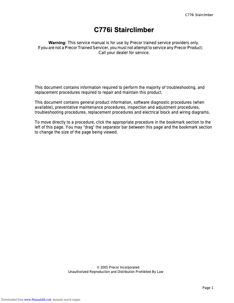 Page 1 de la notice Manuel utilisateur Precor C7876i Stairclimber