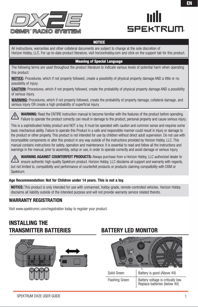 Image de la première page du manuel de l'appareil DX2E 2Ch DSMR Surface Radio w/SR310