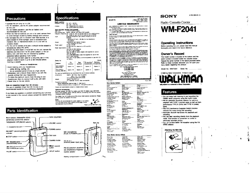 Page 1 de la notice Manuel utilisateur Sony Walkman WM-F2041