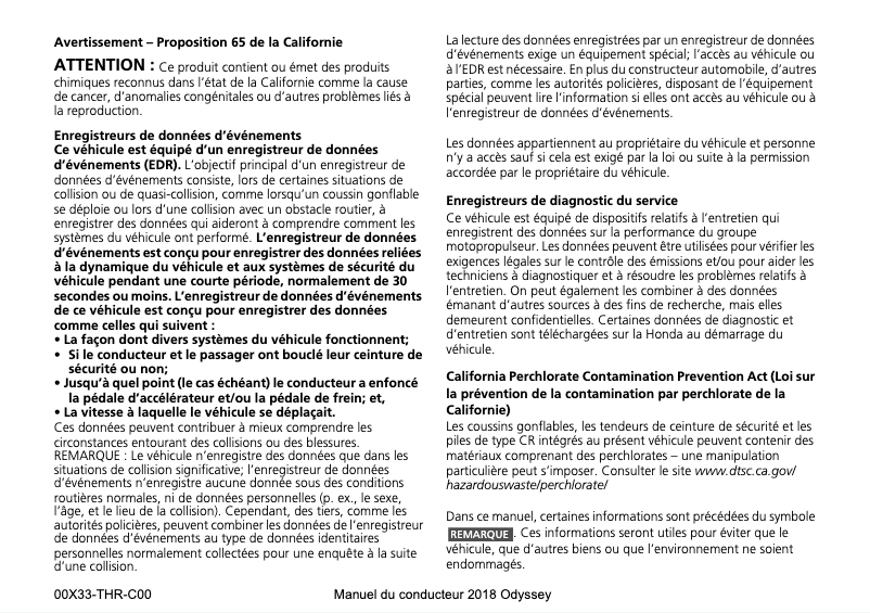 Page 1 de la notice Manuel utilisateur Honda Odyssey (2018)