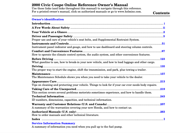 Page 1 de la notice Manuel utilisateur Honda Civic Sedan (2000)