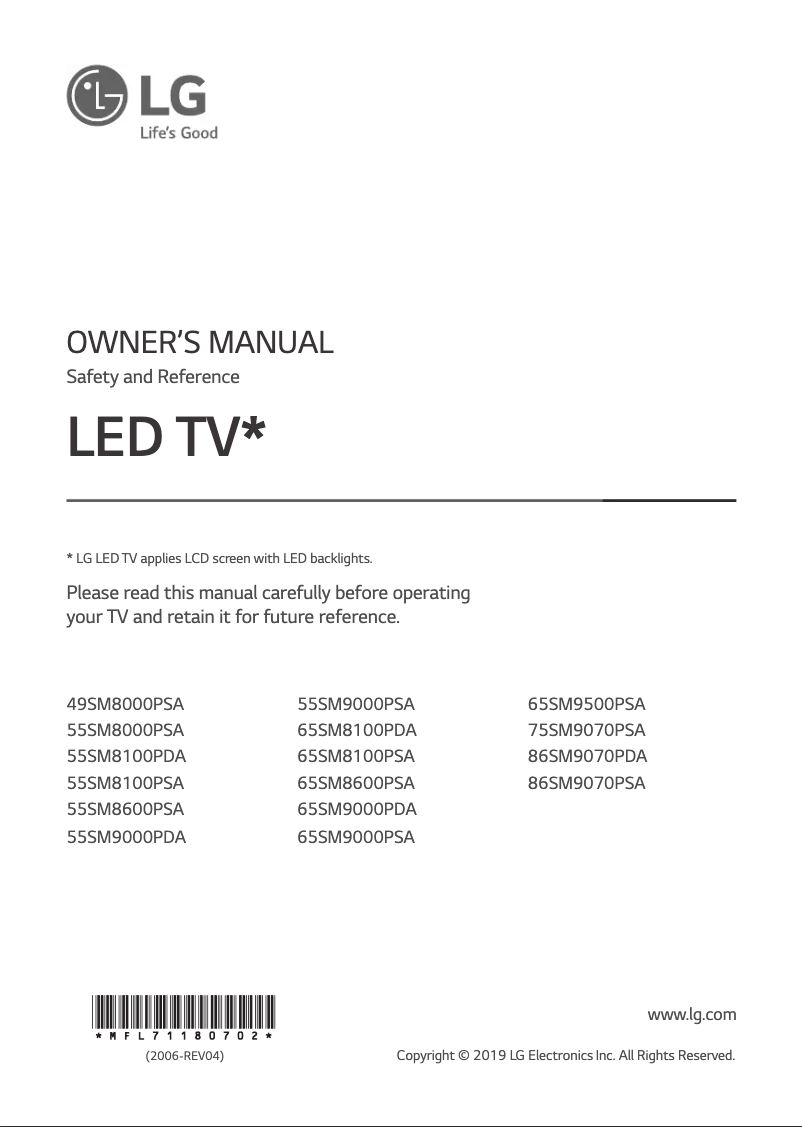 Page 1 de la notice Manuel utilisateur LG 86SM9070PDA