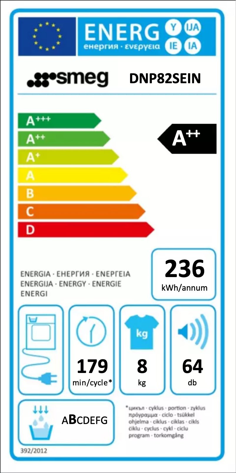 Page 1 de la notice Label énergétique Smeg DNP82SEIN