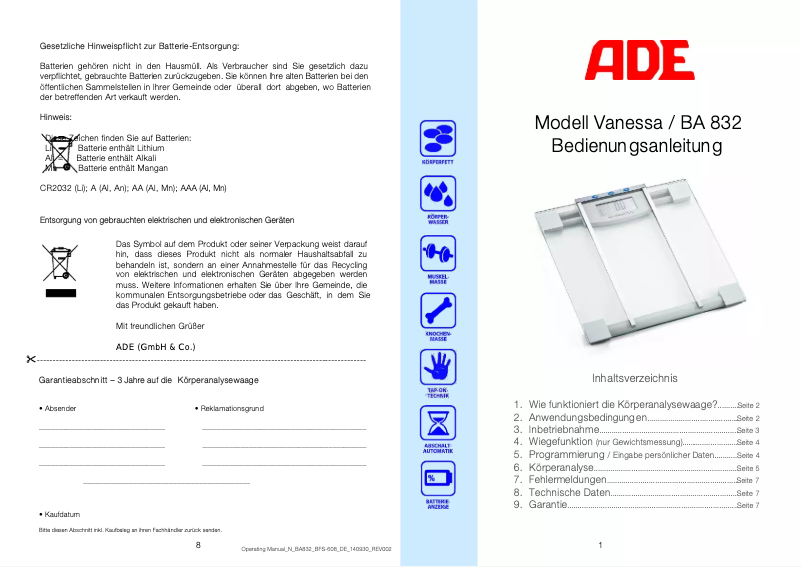 Page n°1 - Manuel utilisateur ADE Vanessa BA 832