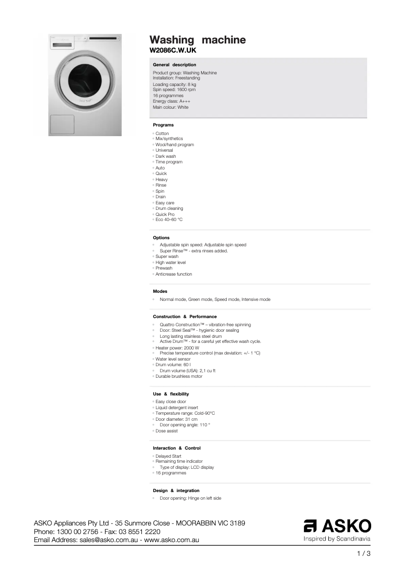 Page n°1 - Fiche technique Asko W2086CWUK
