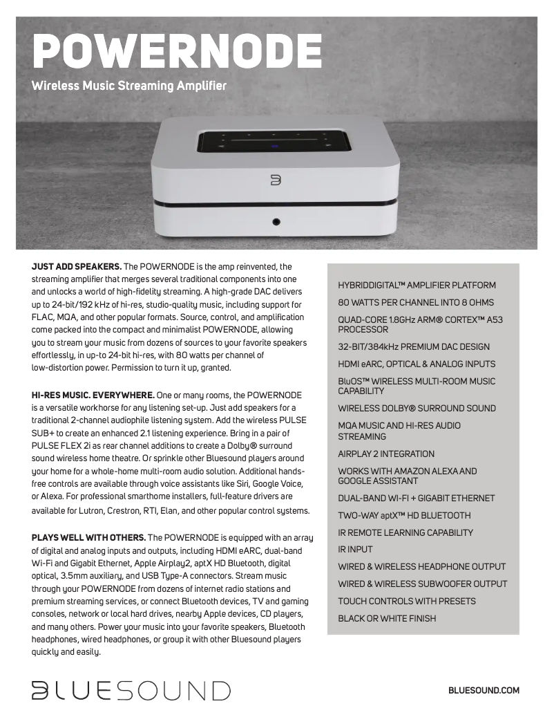 Page 1 de la notice Fiche technique Bluesound PowerNode N150