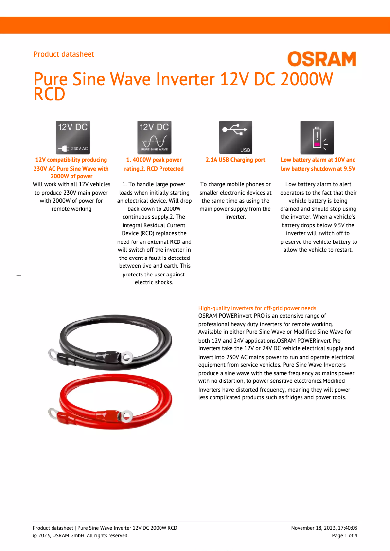 Page 1 de la notice Fiche technique Osram Pure Sine Wave 12V DC 2000W RCD