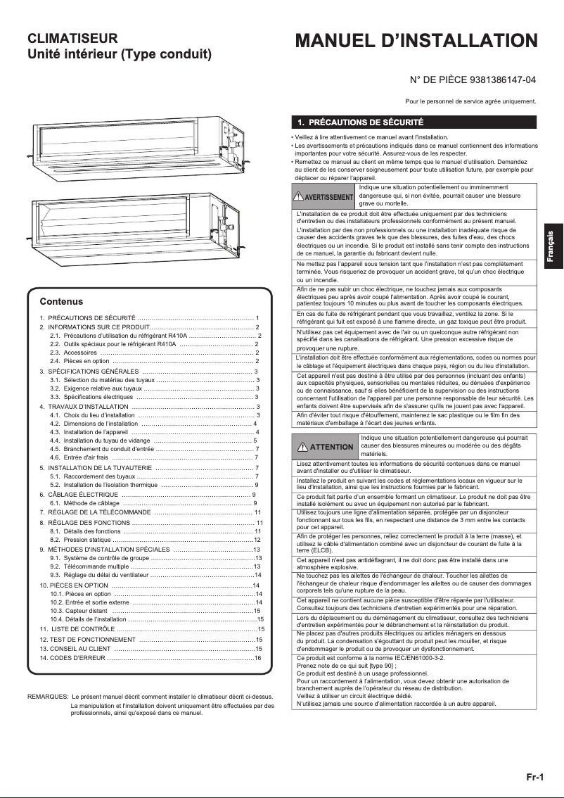 Page 1 de la notice Manuel utilisateur Fujitsu ARYG72LHTA