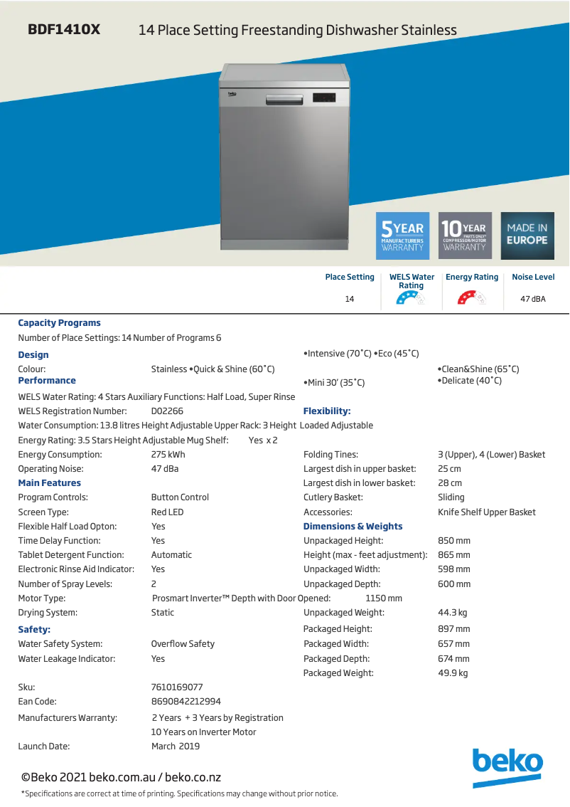 Page 1 de la notice Fiche technique Beko BDF1410X