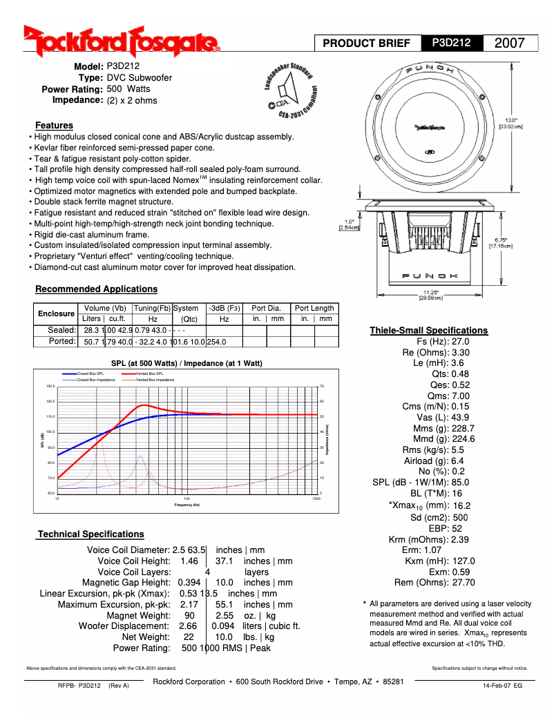 Page 1 de la notice Fiche technique Rockford Fosgate Punch P3D4-10