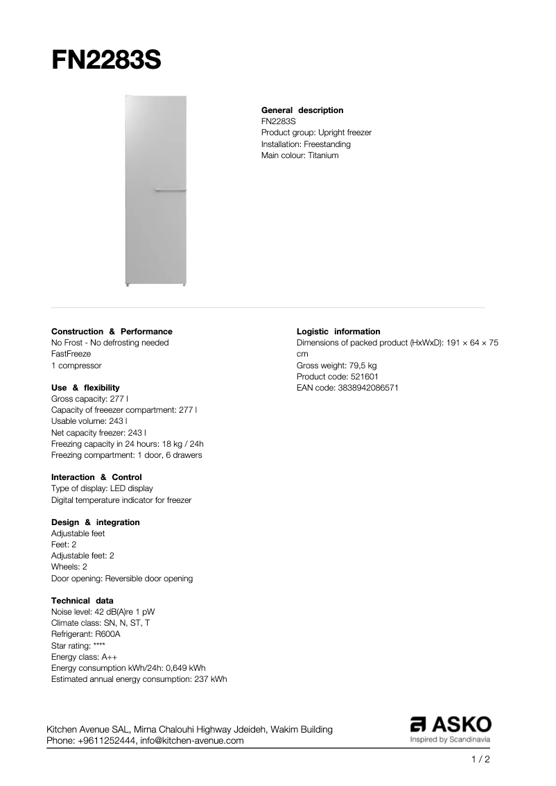 Page 1 de la notice Fiche technique Asko FN2283S