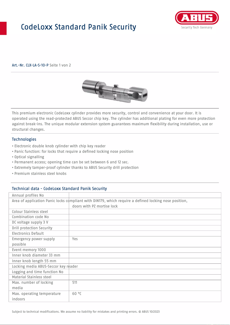 Page n°1 - Fiche technique Abus CLX-LA-S-10-P