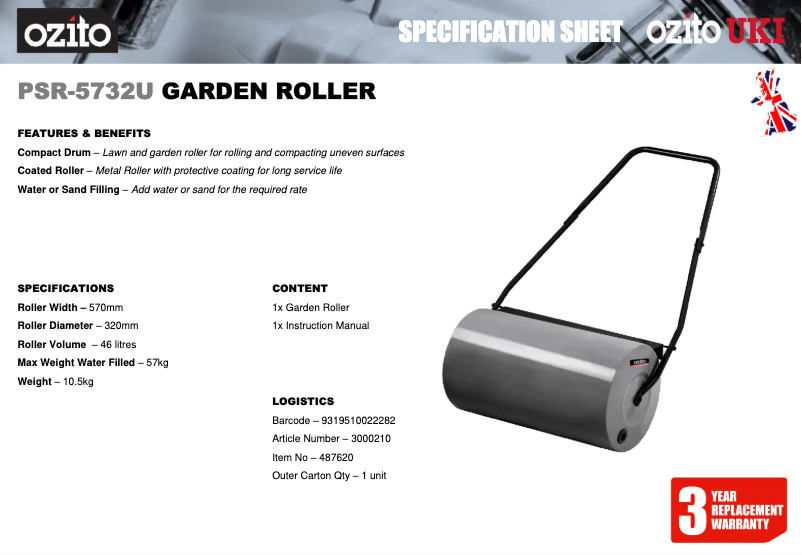 Page 1 de la notice Fiche technique Ozito PSR-5732U